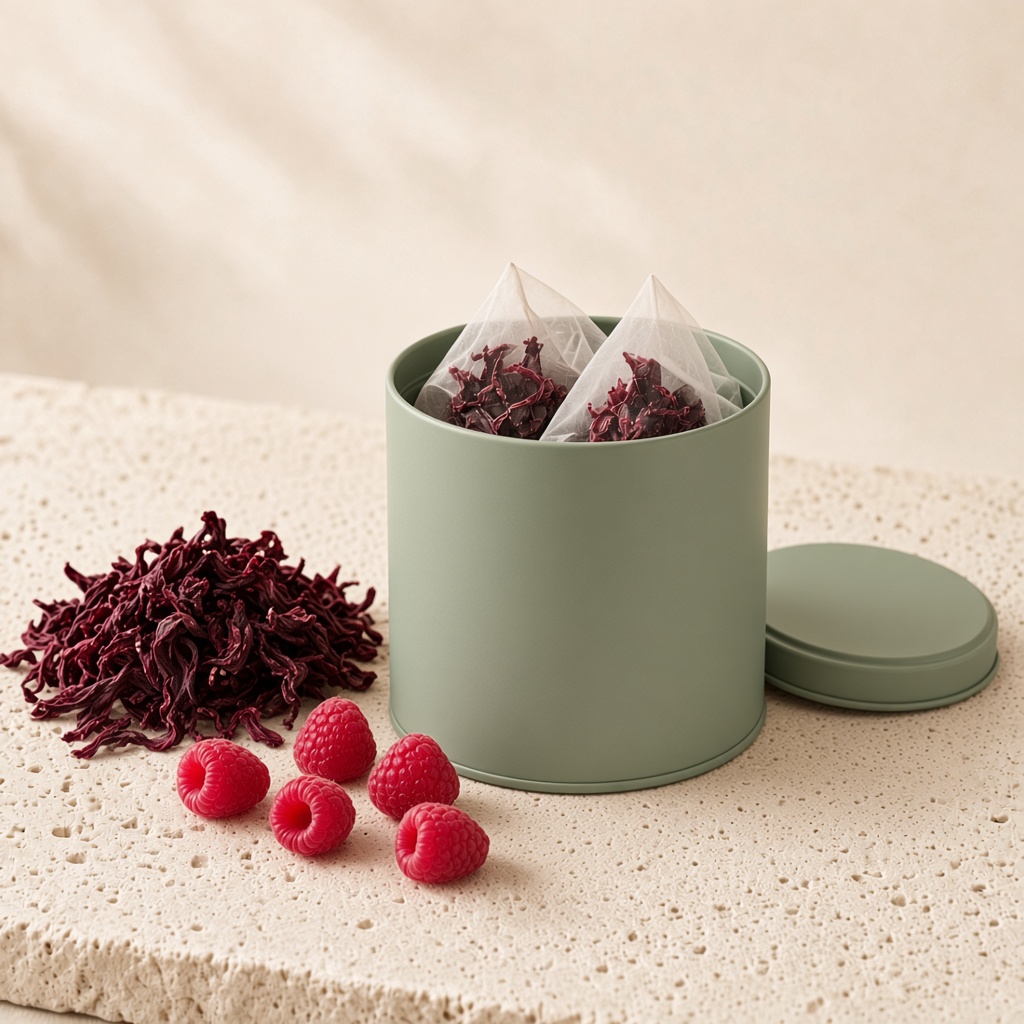 Nyitott doboz málnás és hibiszkuszos teakeverékkel